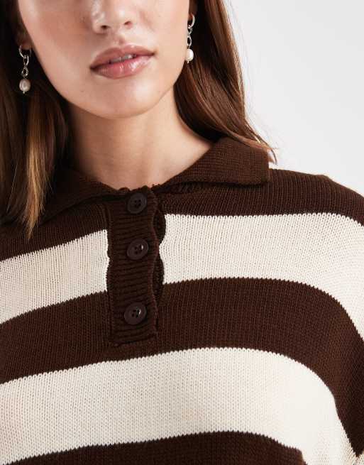 Miss Selfridge - Chokoladebrun og lysegul strikket polo-trøje med striber, 4 af 4