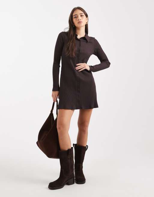 Miss Selfridge - Chokoladebrun og ribstrikket polo-minikjole med knapper, 2 af 4