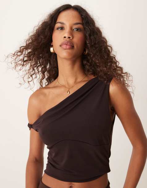 Miss Selfridge - Chokoladebrun oneshoulder-top med draperinger - view 1