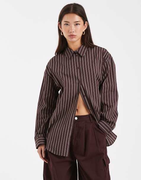 Miss Selfridge - Chokoladebrun oversized poplin-skjorte med striber - view 1
