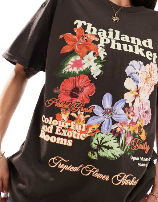 Miss Selfridge - Chokoladebrun oversized T-shirt med tropisk 'Thailand'-print, 4 af 4