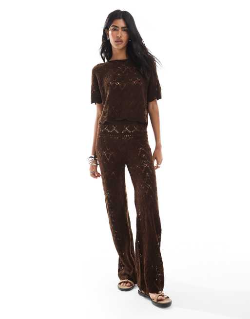 Miss Selfridge - Chokoladebrun strand-T-shirt med hæklet look - Del af sæt, 2 af 4