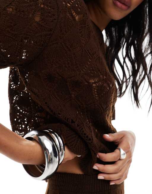 Miss Selfridge - Chokoladebrun strand-T-shirt med hæklet look - Del af sæt, 4 af 4