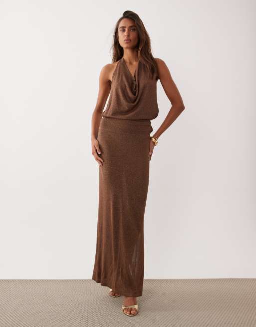 Miss Selfridge - Chokoladebrun strikket halterneck-maxikjole med glimmer, 2 af 4