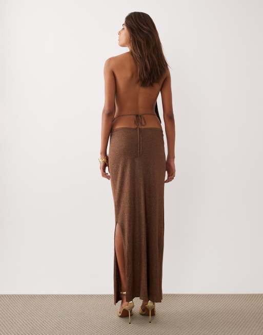 Miss Selfridge - Chokoladebrun strikket halterneck-maxikjole med glimmer, 4 af 4