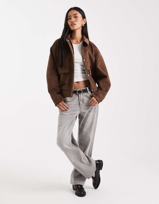 Miss Selfridge - Chokoladefarvet bomber-jakke i imiteret ruskind, 3 af 4