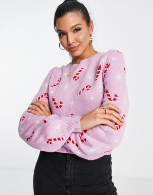 Miss Selfridge christmas candy cane and star jumper in pink