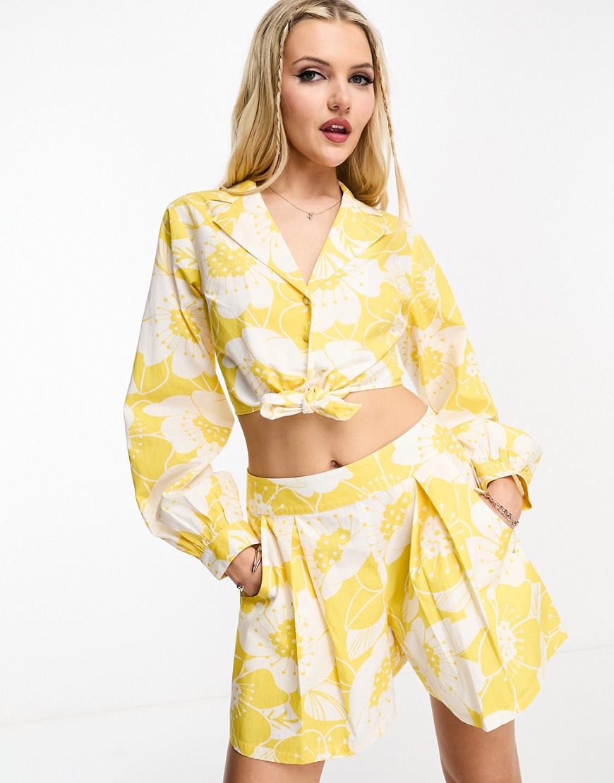 Miss Selfridge chuck on shorts co-ord in yellow tropical-Multi