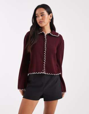 Miss Selfridge Chunky Blanket Stitch Cardigan In Burgundy