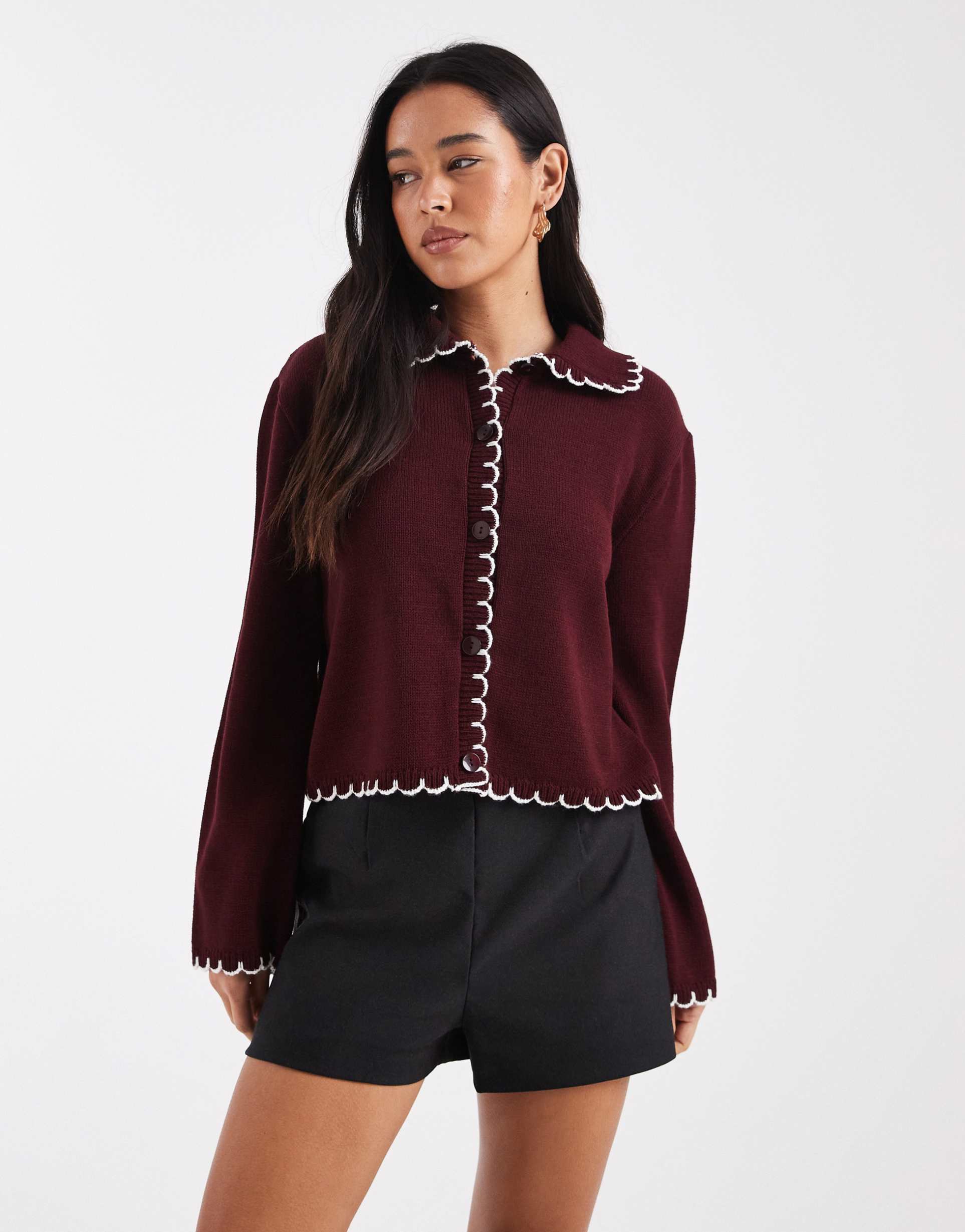 miss selfridge chunky blanket stitch cardigan in burgundy
