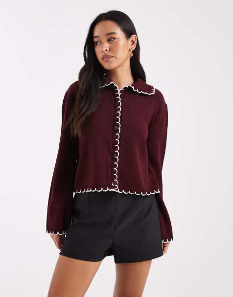 Miss Selfridge chunky blanket stitch cardigan in burgundy