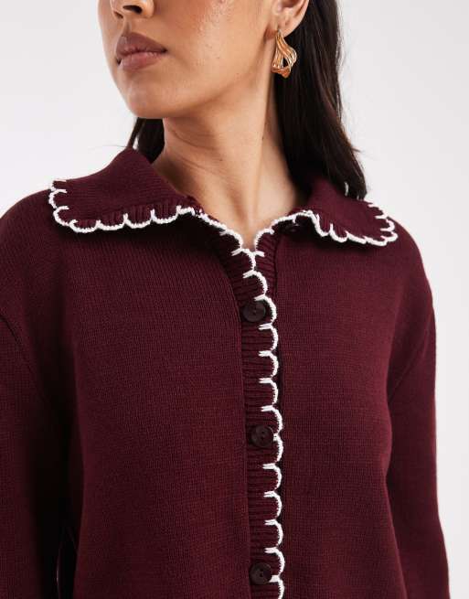 Miss Selfridge chunky blanket stitch cardigan in burgundy, 3 of 4