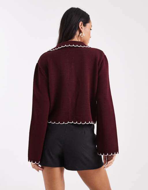 Miss Selfridge - Gilet chunky avec bordures en point de feston - Bordeaux