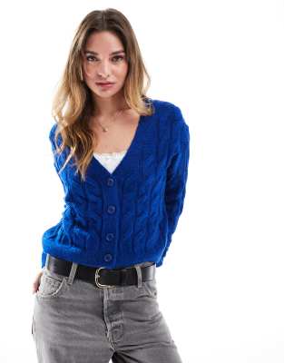 Miss Selfridge Chunky Cable Knit Cardigan In Bright Blue