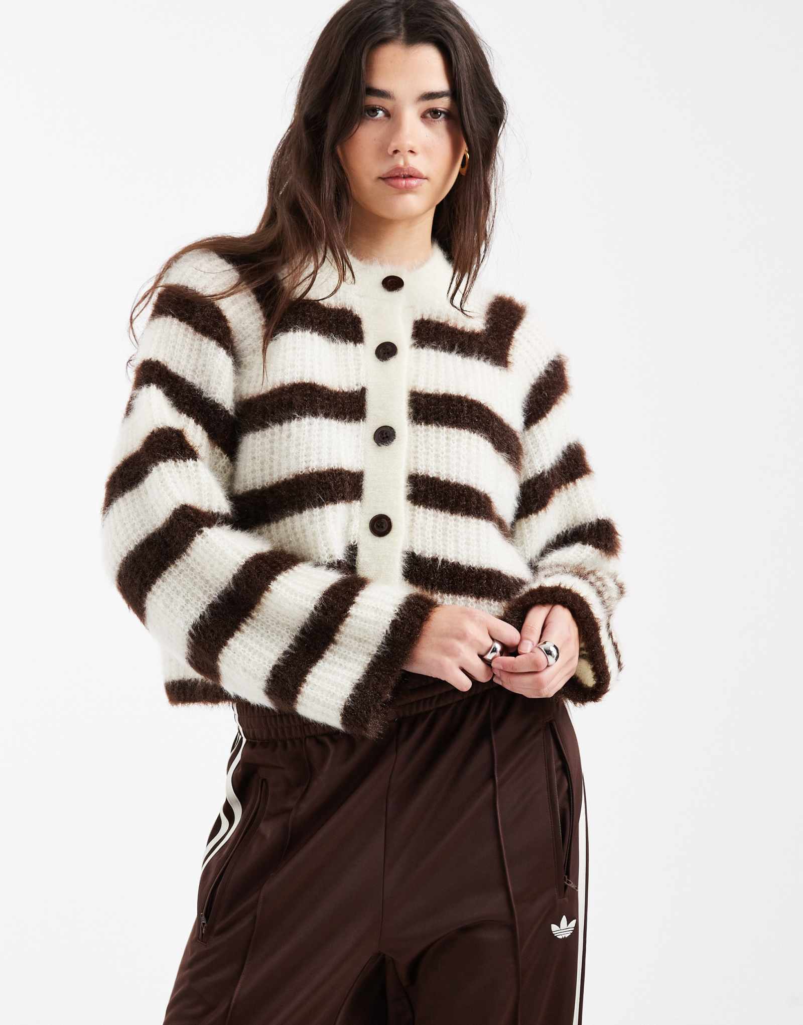 Плотный пушистый вязаный кардиган Miss Selfridge в полоску