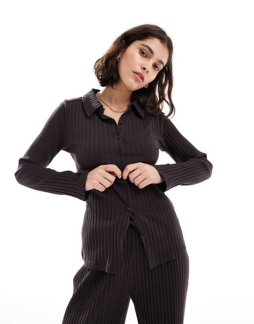Miss Selfridge chunky rib collar detail shirt in chocolate