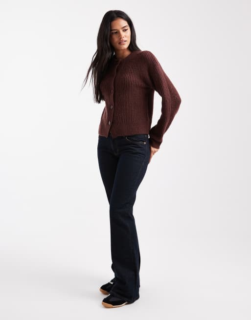 Miss Selfridge chunky rib crew neck cardigan in chocolate, 2 of 4