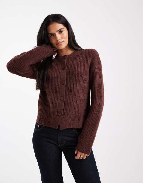 Miss Selfridge chunky rib crew neck cardigann in chocolate