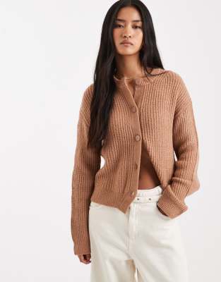 Miss Selfridge Chunky Rib Knit Crew Neck Cardigan In Brown