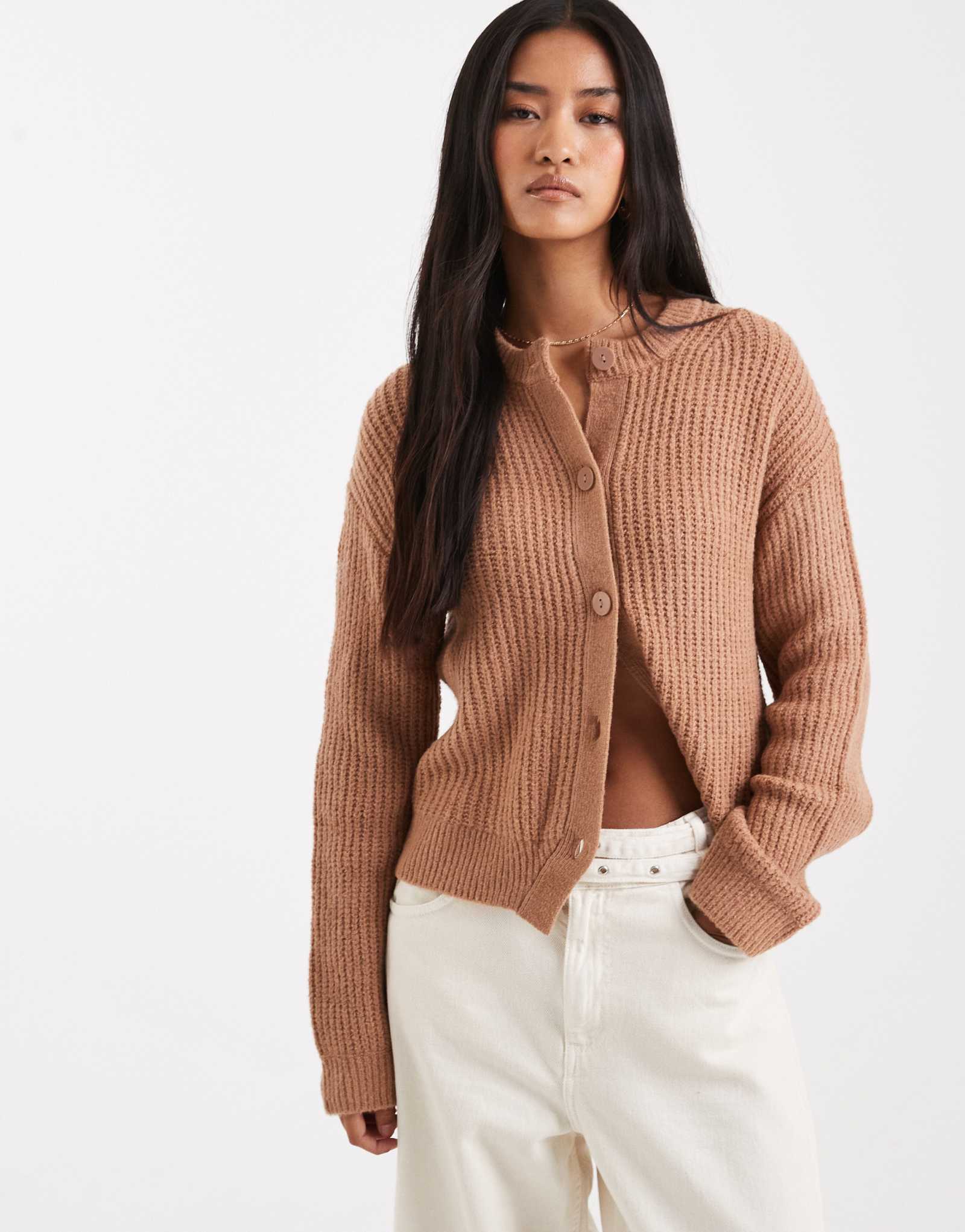 Кардиган с круглым вырезом из плотной ребристой вязки Miss Selfridge цвета верблюжьей шерсти