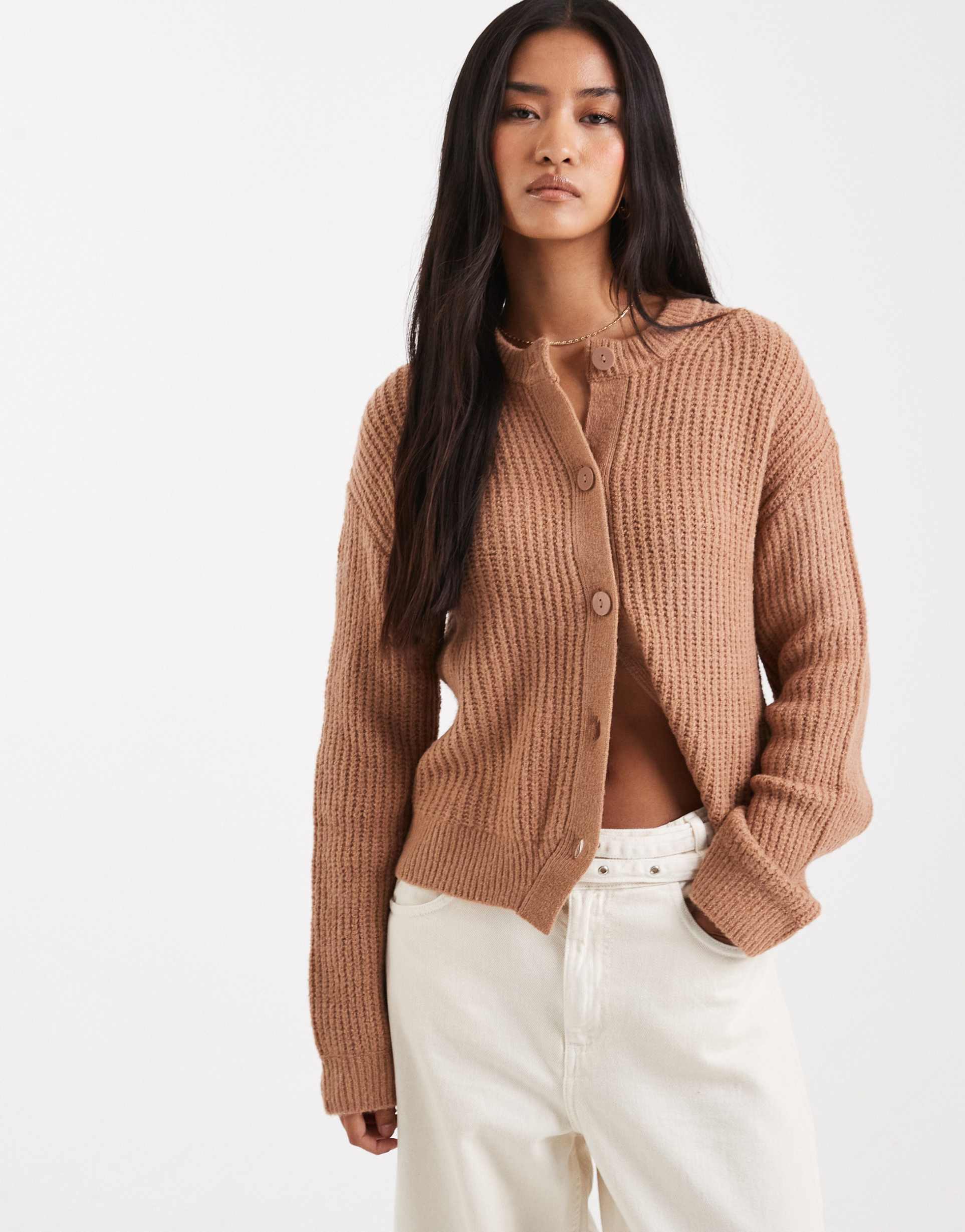 miss selfridge chunky rib knit crew neck cardigan in camel