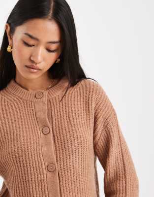 Miss Selfridge Chunky Rib Knit Crew Neck Cardigan In Brown