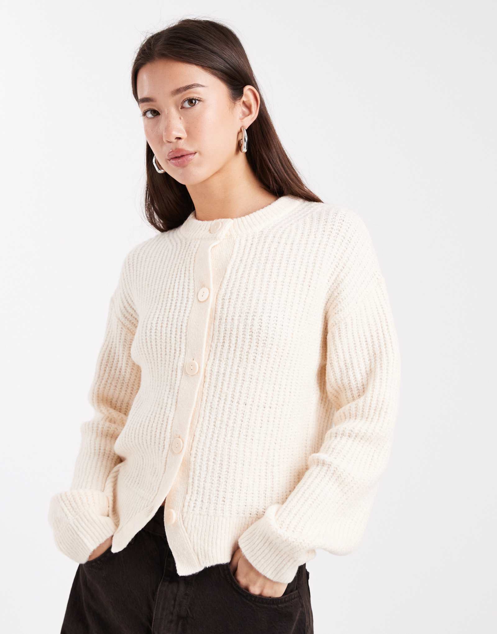 Кардиган с круглым вырезом из плотной трикотажной ткани Miss Selfridge кремового цвета