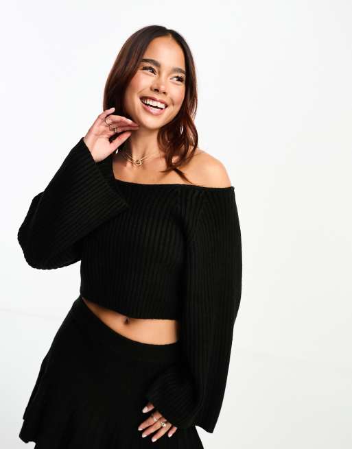 Miss Selfridge chunky rib knit crop bardot jumper with wide sleeves in black