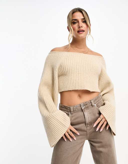 Miss Selfridge chunky rib knit crop bardot jumper with wide sleeves in oatmeal 