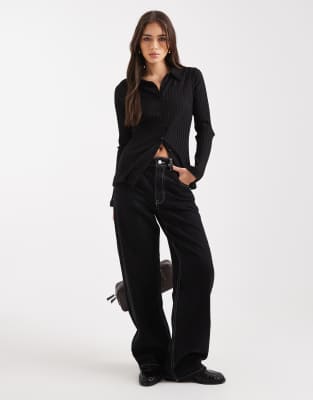 Miss Selfridge Chunky Rib Knit Polo Top In Black