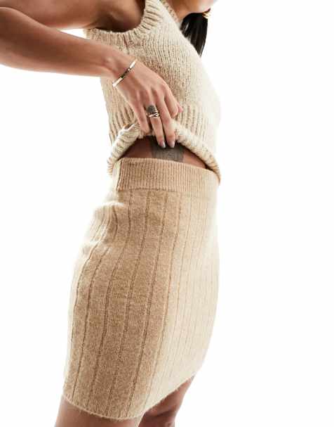 Miss Selfridge chunky rib knit skirt in camel - view 1