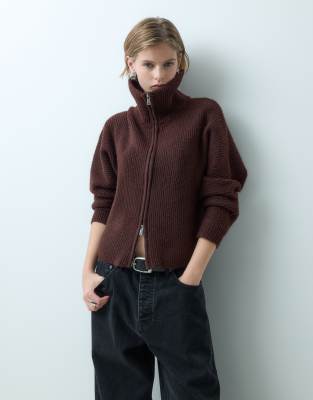Miss Selfridge Chunky Rib Knit Zip Batwing Cardigan In Black