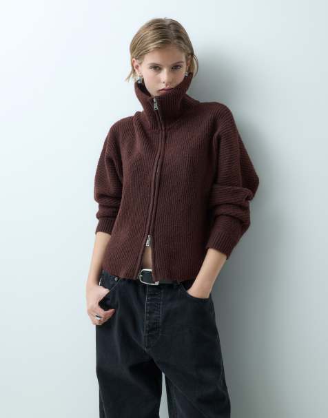 Miss Selfridge chunky rib knit zip batwing cardigan in chocolate - view 1