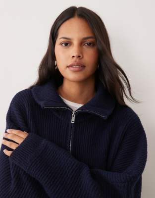 Miss Selfridge Chunky Rib Knit Zip Batwing Cardigan In Navy