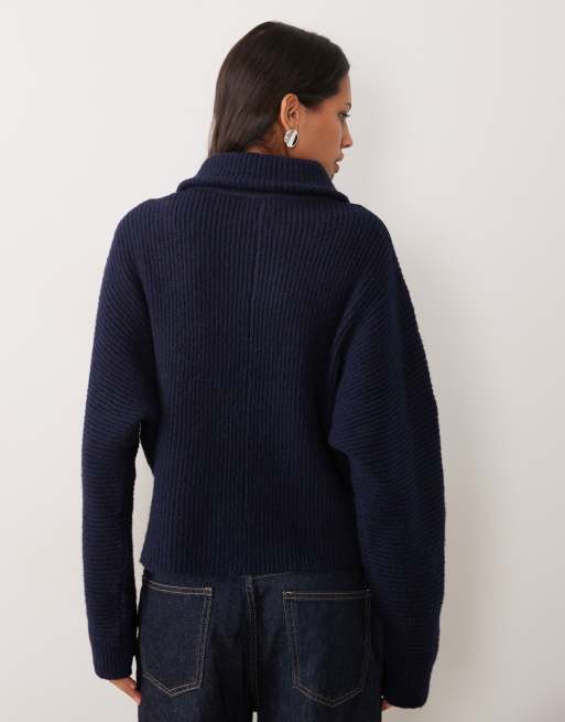 Miss Selfridge chunky rib knit zip batwing cardigan in navy, 4 of 4