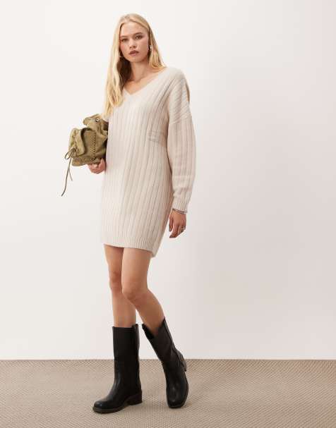 Miss Selfridge chunky rib v-neck slouchy mini dress in cream - view 1