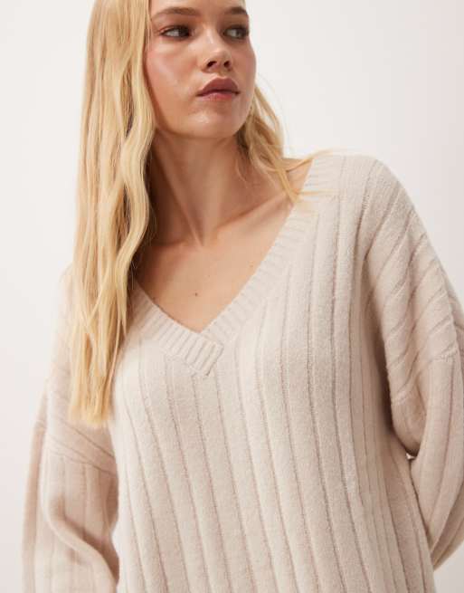 Miss Selfridge chunky rib V neck slouchy mini dress in cream, 3 of 4