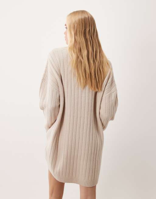 Miss Selfridge chunky rib V neck slouchy mini dress in cream, 4 of 4