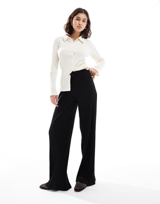 Miss Selfridge chunky rib wide leg trouser in black