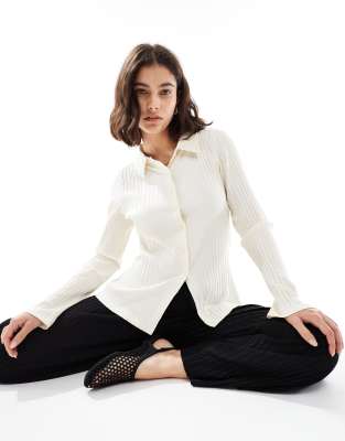 Miss Selfridge Chunky Ribbed Collar Detail Shirt In White