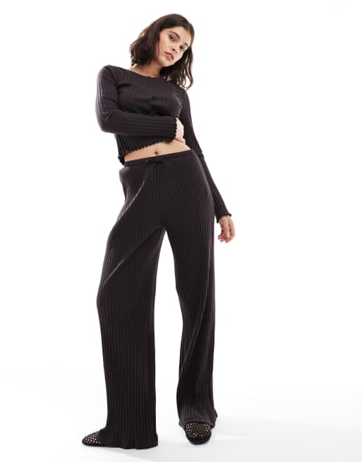 Miss Selfridge chunky ribbed wide leg pants in chocolate