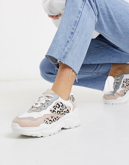 Miss Selfridge chunky trainers with leopard panel in white