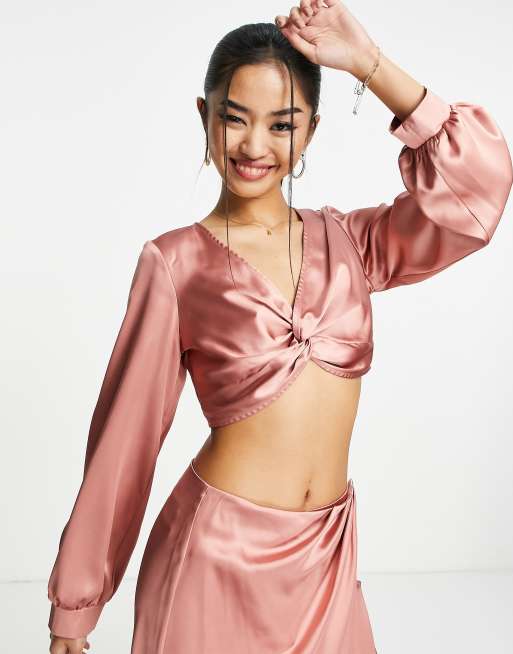 Miss Selfridge – Ciemnoróżowa satynowa bluzka z węzłem z przodu