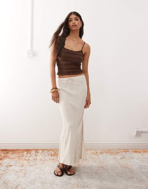 Miss Selfridge linen blend bias maxi skirt in stone
