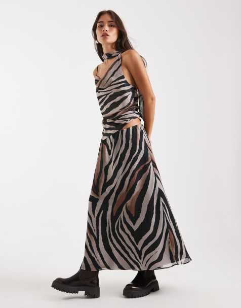 Miss Selfridge – Cięta ze skosu szyfonowa spódnica maxi w paski zebry, część zestawu - view 1