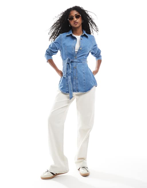 Miss Selfridge cinched waist belted denim jacket in mid wash | ASOS