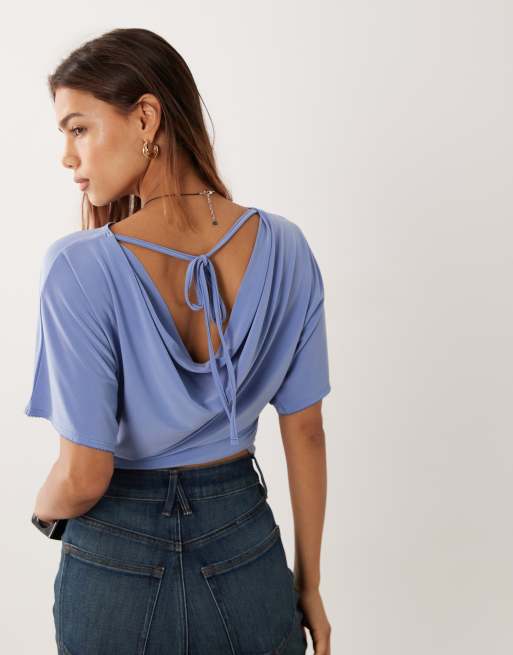 Miss Selfridge cinched waist cowl back top in blue, 4 of 4