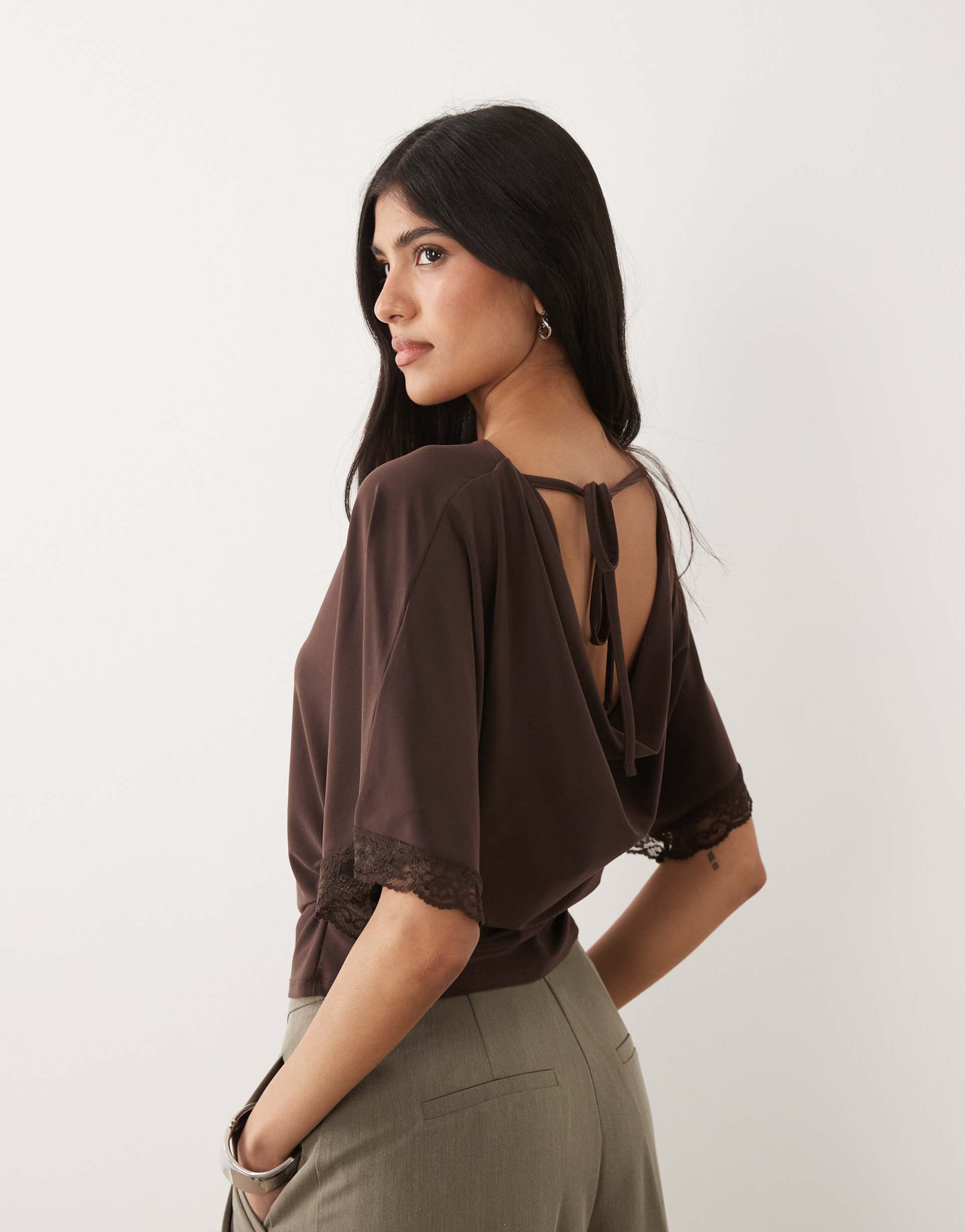 miss selfridge cinched waist cowl back top with lace trim in chocolate