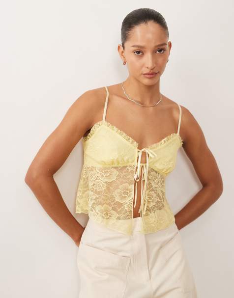 Miss Selfridge - Citrongul camisol i blondestof med bindebånd foran - view 1