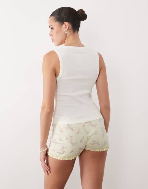 Miss Selfridge - Citrongule ribbede shorts med flæsekant og blomstermønster, 4 af 5